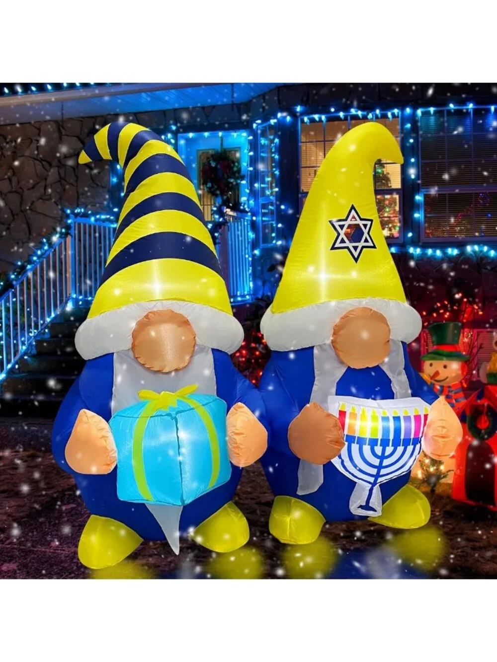 4FT Inflatable Hanukkah Gnomes with Menorah & Gift Box - LED Outdoor Decor
